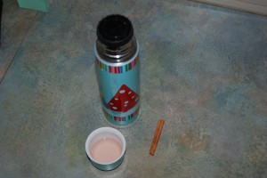 Cinnamon water in skinny thermos, turns pink quick, later cupful is a lovely warm tawny color and not to pungent.